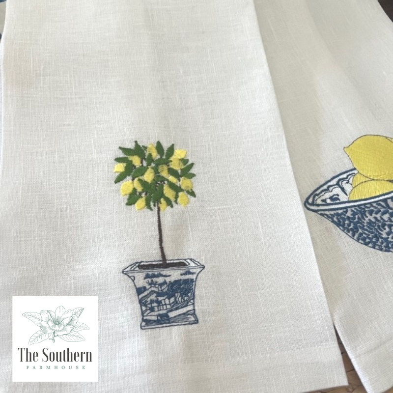 Cotton Tea Towel Set of 3- Olive Green, Black and White | Blue Willow