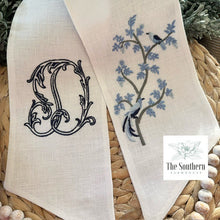 Load image into Gallery viewer, Linen Wreath/Basket Sash - Chinoiserie Bird Branch with Monogram
