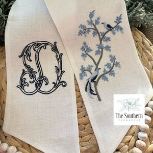 Linen Wreath/Basket Sash - Chinoiserie Bird Branch with Monogram