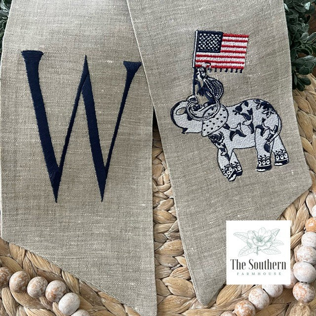 Linen Wreath/Basket Sash - Patriotic Chinoiserie Elephant