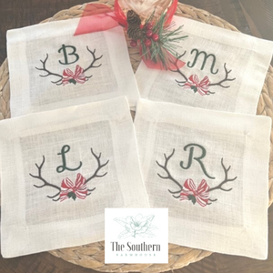 Set of 4 Embroidered Cocktail Napkins - Christmas Antlers