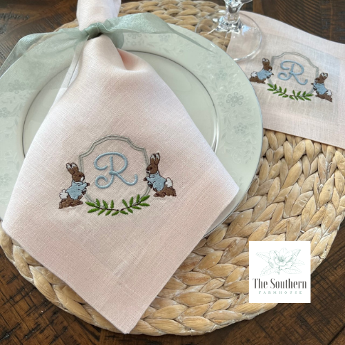 Handmade White Napkins Bunny Rabbits Easter Or Everyday Cloth Napkins Set  of 6